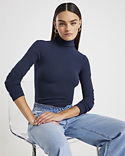 Navy Long Sleeve Roll Neck Top
