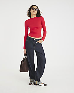 Red Long Sleeve Ribbed Crew Neck Top