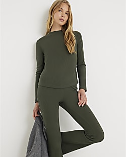 Green Long Sleeve Crew Neck Ribbed Top