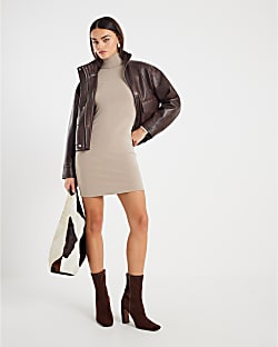 Beige Long Sleeve Roll Neck Mini Dress