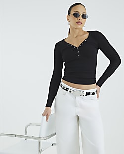 Black Long Sleeve Popper V Neck Ribbed Top