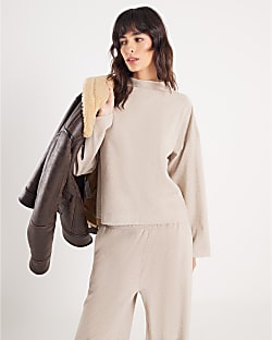 Beige Long Sleeve Brushed High Neck Top