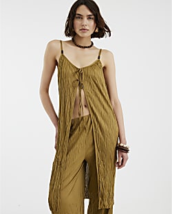 Khaki Plisse Longline Tie Front Cami Top