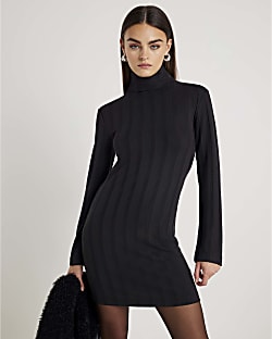 Black Long Sleeve Cosy Wide Ribbed Mini Dress