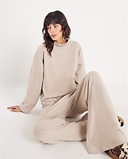 Beige Brushed Wide Leg Trousers