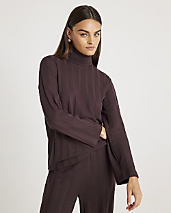 Brown Long Sleeve Wide Ribbed Top