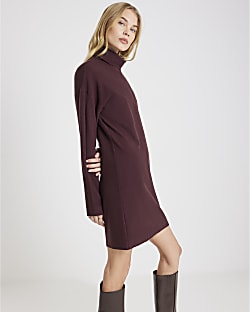 Brown Cosy Long Sleeve High Neck Mini Dress