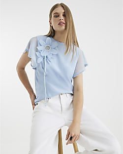 Blue Short Sleeve Diamante Flower T-Shirt