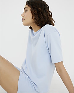 Blue Short Sleeve Ribbed Panel T-shirt