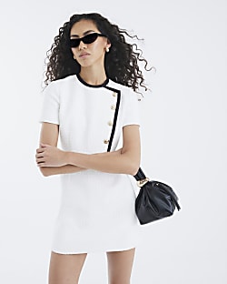 Cream Short Sleeve Tipped Boucle Shift Dress