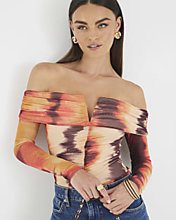 Orange Mesh Long Sleeve Bardot Bodysuit