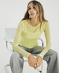 Green Long Sleeve Boat Neck Ruched Mesh Top