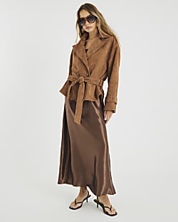 Brown Suede Cropped Trench Coat