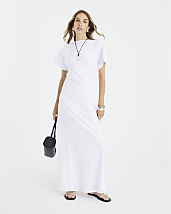 White Short Sleeve Drape Side Midi Dress