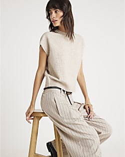Beige Knitted Boxy Fit Tank Top