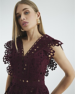 Red Embroidered V Neck Crop Top