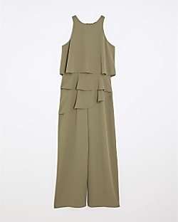 Petite Khaki Layered Wide Leg Jumpsuit