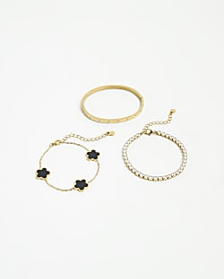 Gold 3 Pack Diamante Flower Bracelets
