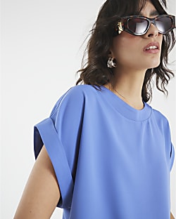 Blue Turn Back Drape Sleeve T-Shirt