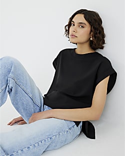 Black Crepe Turn Back Cuff T-Shirt