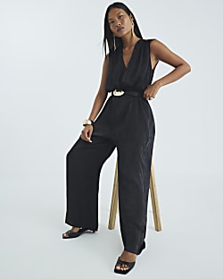 Petite Black Sleeveless Wrap Front Jumpsuit