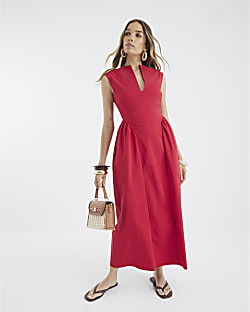 Red Sleeveless V Neck Midi Dress