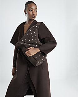 Brown Suede Studded Slouch Shoulder Bag