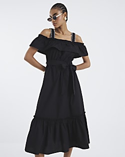 Black Bardot Whipstitch Detail Midi Dress