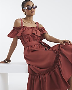 Brown Bardot Whipstitch Detail Midi Dress