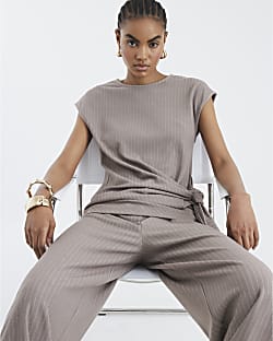 Beige Short Sleeve Pinstripe Tie Detail Top