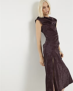 Red Hammered Faux Leather Cowl Neck Dress