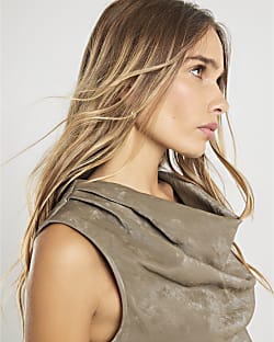 Khaki Faux Leather Hammered Ruched Detail Top