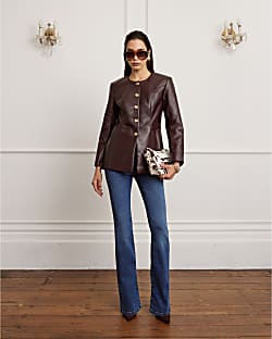 Red Faux Leather Button Collarless Jacket