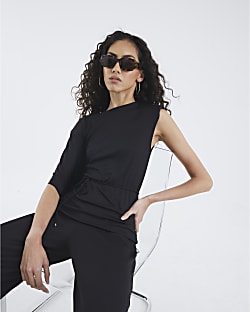 Black Cape Sleeve Ribbed Belted Top