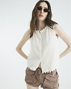 Cream Sleeveless Broderie Blouse
