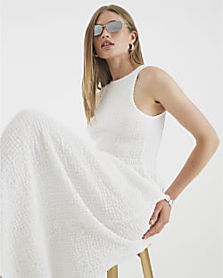 White Textured Sleeveless Shirred Midi Dress