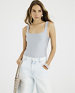 Silver Sleeveless Scoop Neck Bodysuit