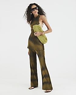 Green Plisse Wide Leg Trousers