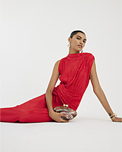 Red Sleeveless Plisse Wrap Waist Midi Dress