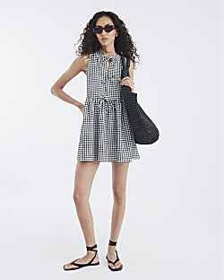 Black Gingham Sleeveless Tie Front Mini Dress