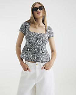 Black Boucle Cap Sleeve Button Top