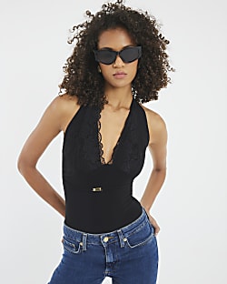 Black Sleeveless Lace Plunge Neck Bodysuit