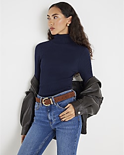 Navy Knit Ribbed Roll Neck Top