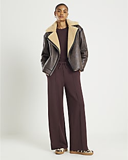 Brown Premium Wide Leg Pintuck Joggers