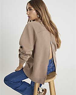 Beige Long Sleeve Zip Back Sweatshirt