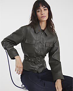 Khaki Faux Leather Belted Long Sleeve Shacket