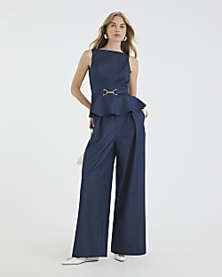 Blue Denim High Waisted Wide Leg Trousers