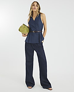 Blue Denim Pleated Belted Waistcoat