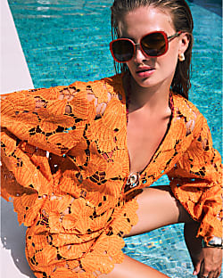 Orange Lace Shell Mini Beach Dress