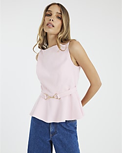Pink Sleeveless Belted Peplum Top